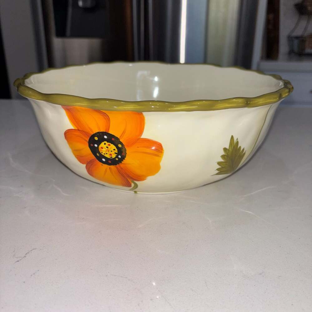 Clay Art Poppies Pattern Hand Painted Scalloped Serving Bowl 10.5”